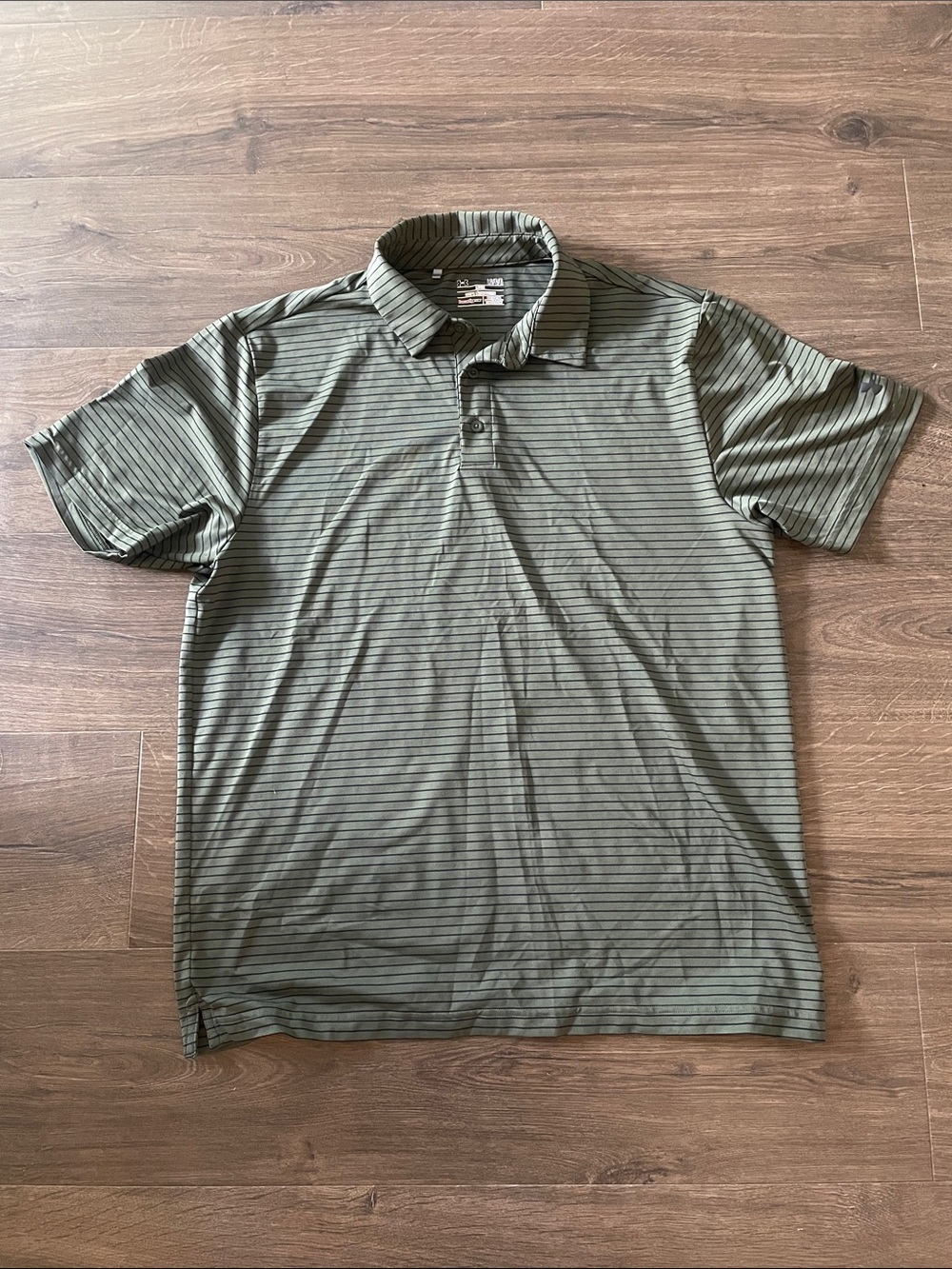 Under Armour Olive Green Polo w/ Thin Black Stripes, Size Large